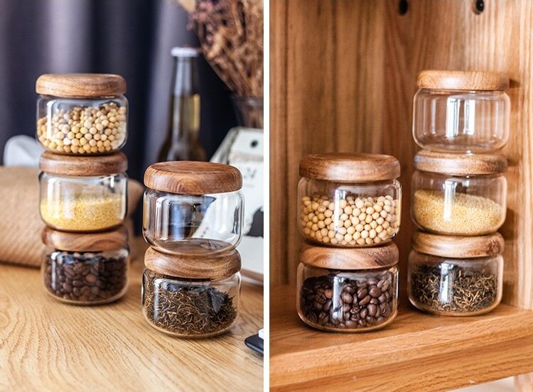 Small Glass Jars with Wooden Bumper Lids