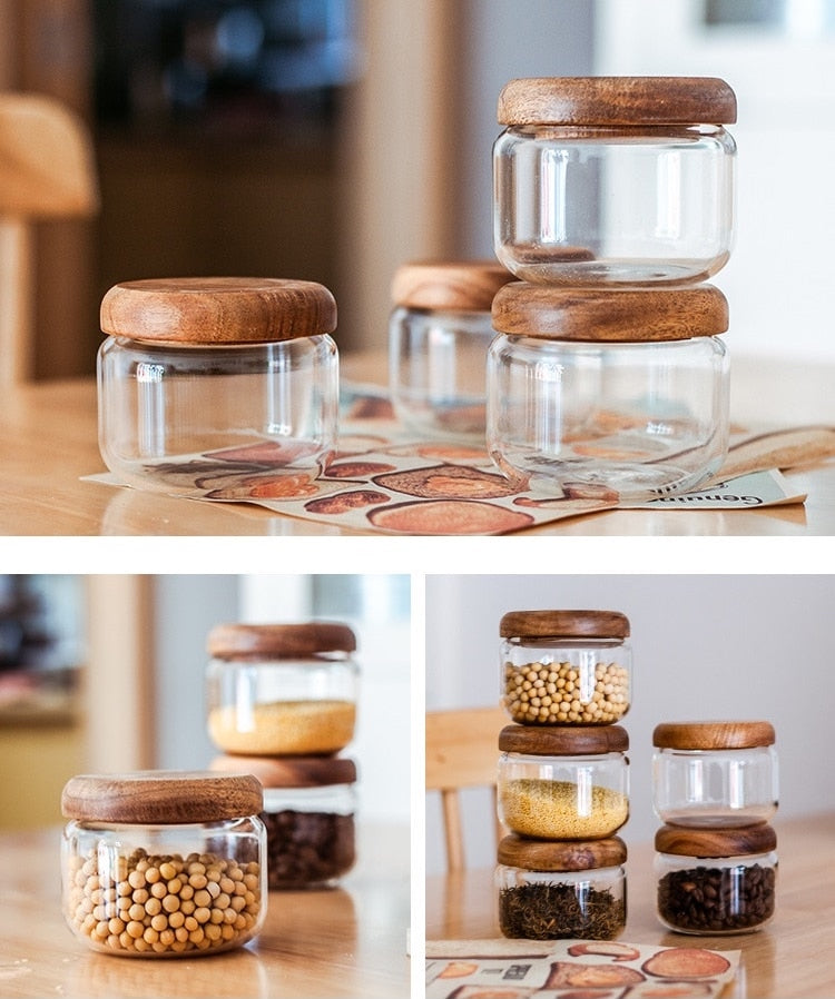Small Glass Jars with Wooden Bumper Lids