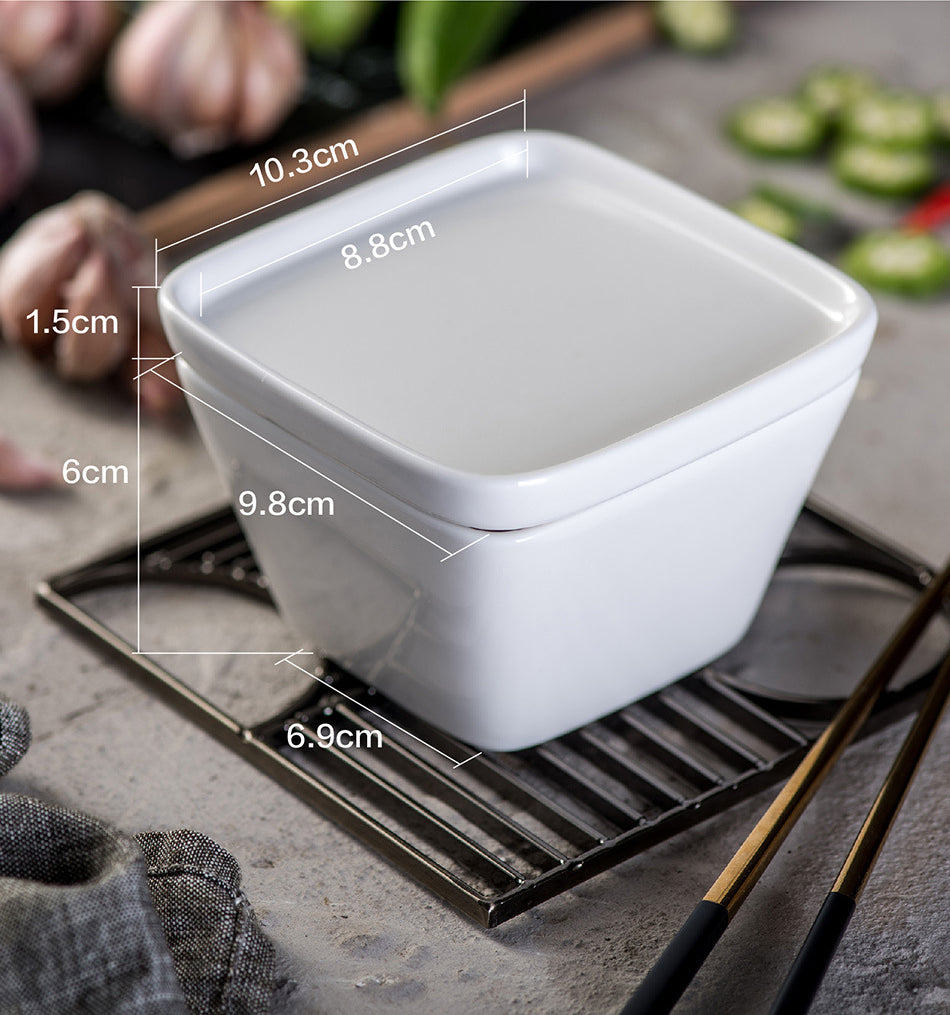 White Ceramic Square Bowl with Ceramic Lid