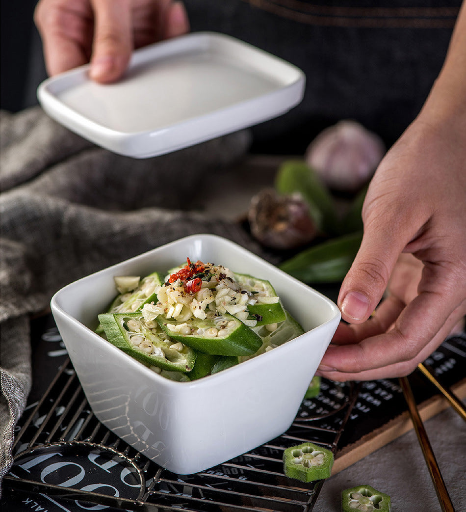 White Ceramic Square Bowl with Ceramic Lid
