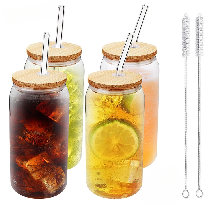Glass Cup with Wooden Lid and Straw