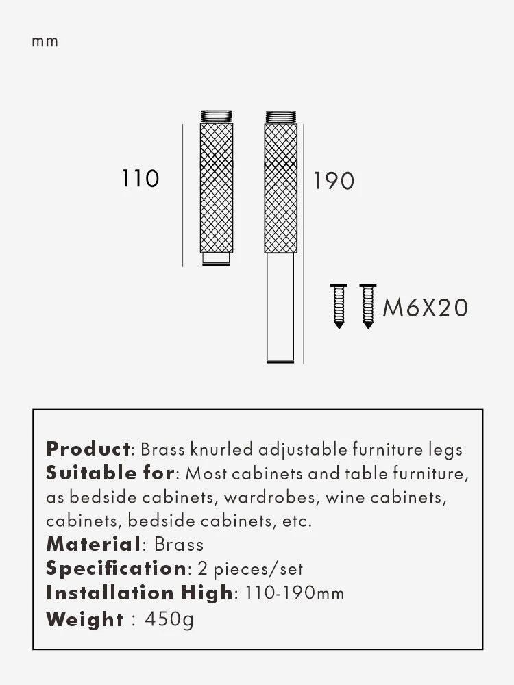 Knurled Brass Cabinet Legs (Adjustable Height)