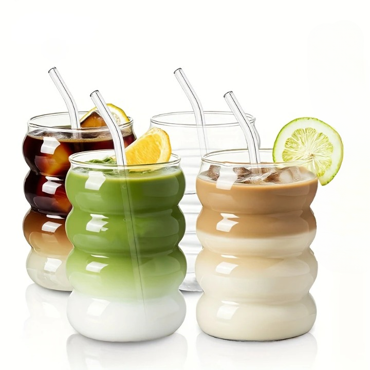 Wavey Glass Cup with Glass Straw