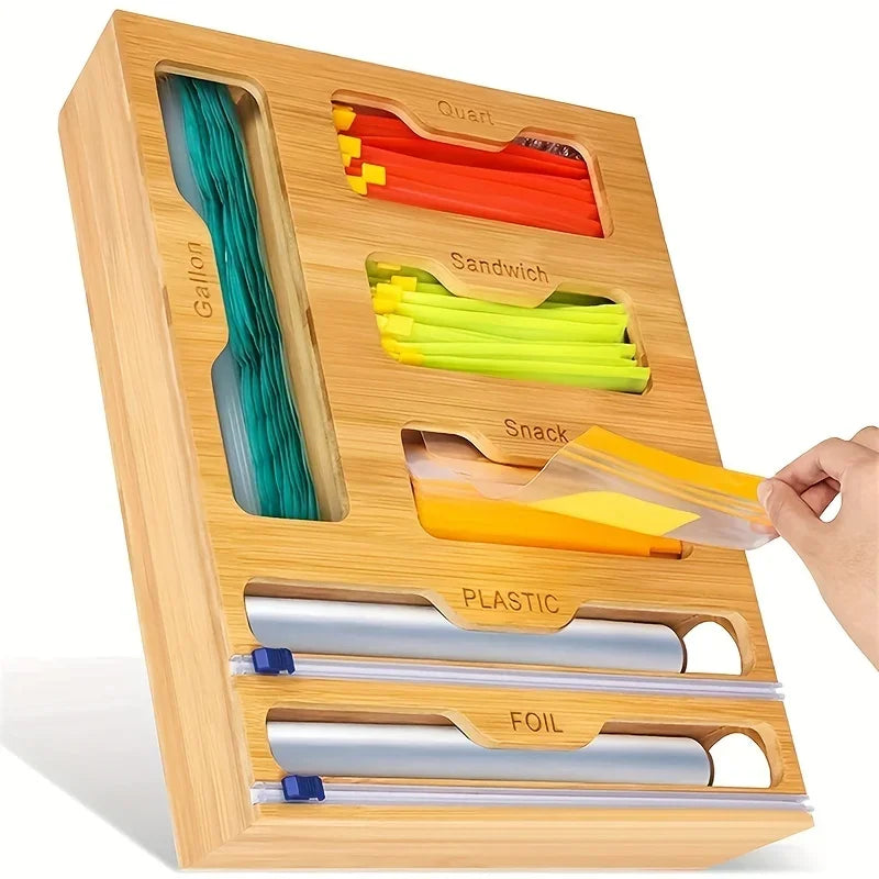 Wooden Foil & Baking Paper Dispenser with Cutter + Ziplock Bag Organizer
