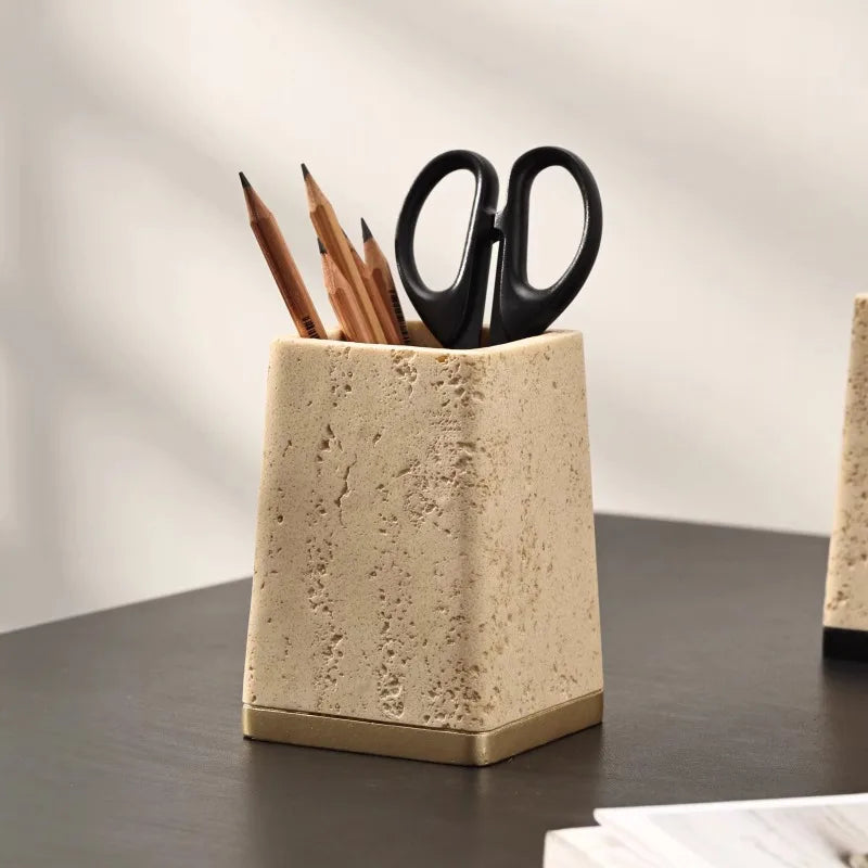 Travertine Style Desk Pen Holder