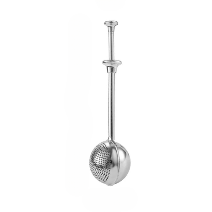 A polished stainless steel tea infuser with a long handle and a perforated spherical bowl, shown against a plain white background.