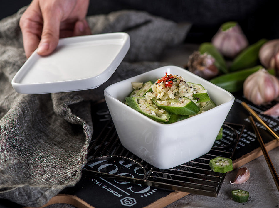 White Ceramic Square Bowl with Ceramic Lid