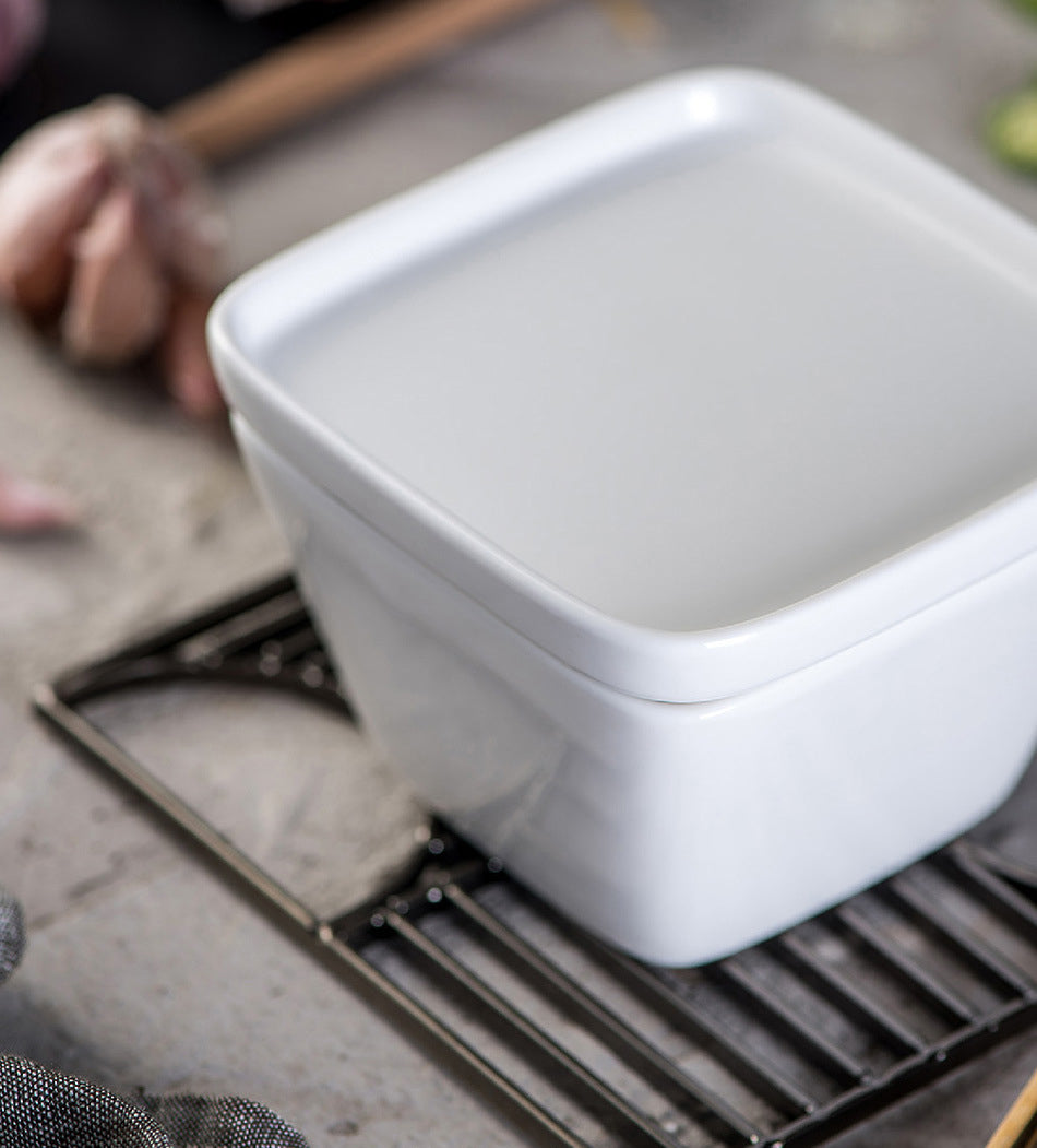 White Ceramic Square Bowl with Ceramic Lid