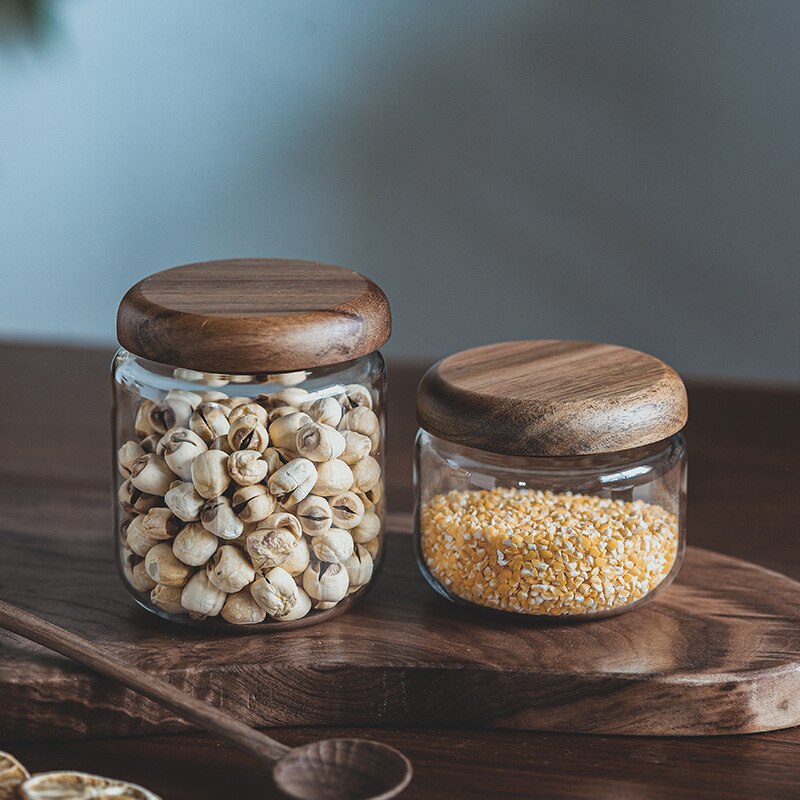 Small Glass Jars with Wooden Bumper Lids