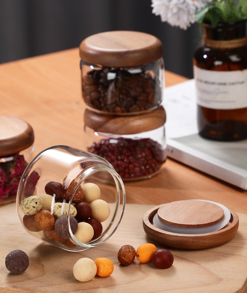Small Glass Jars with Wooden Bumper Lids