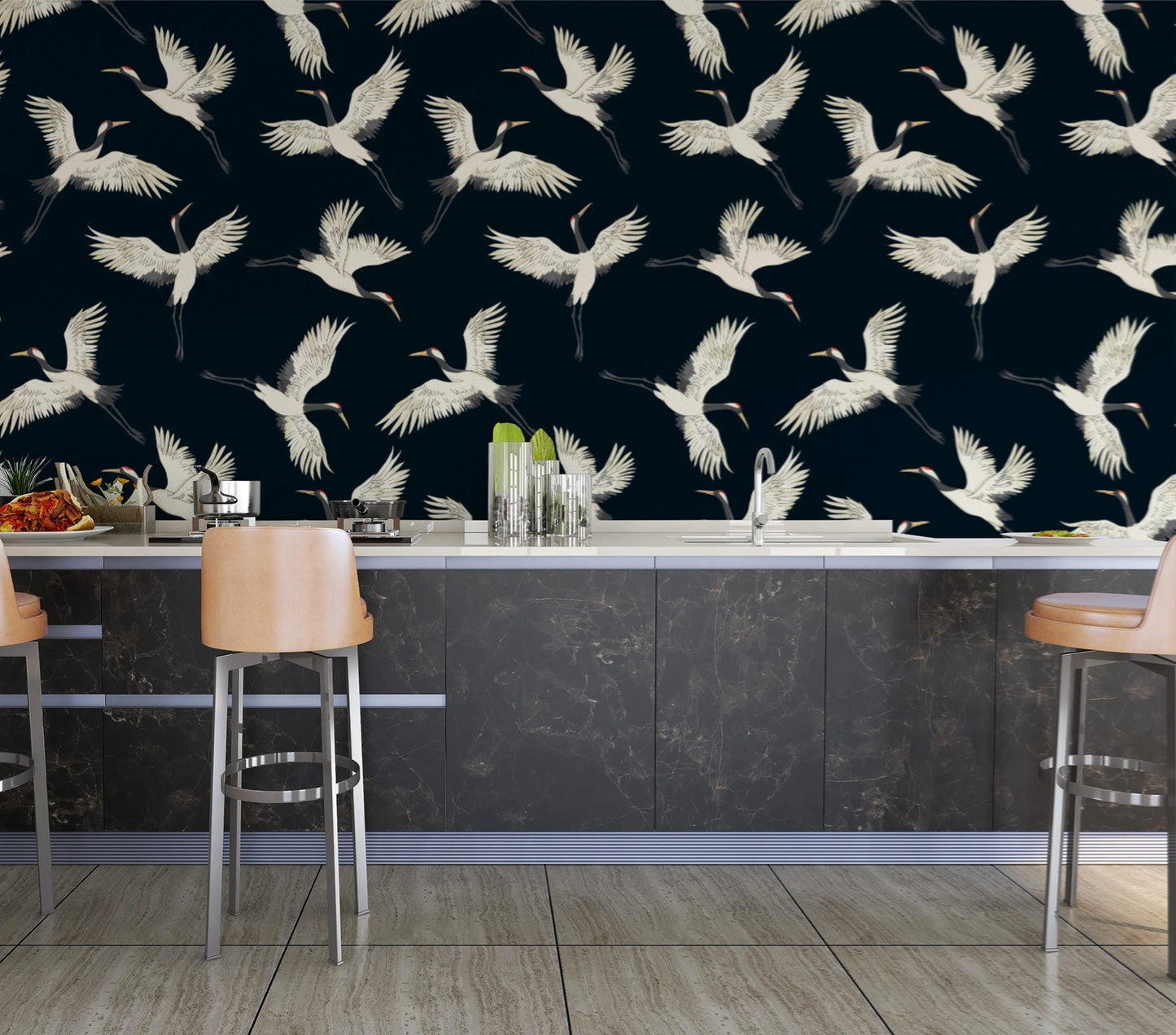 Crane Bird Chinoiserie Peel and Stick Wallpaper 