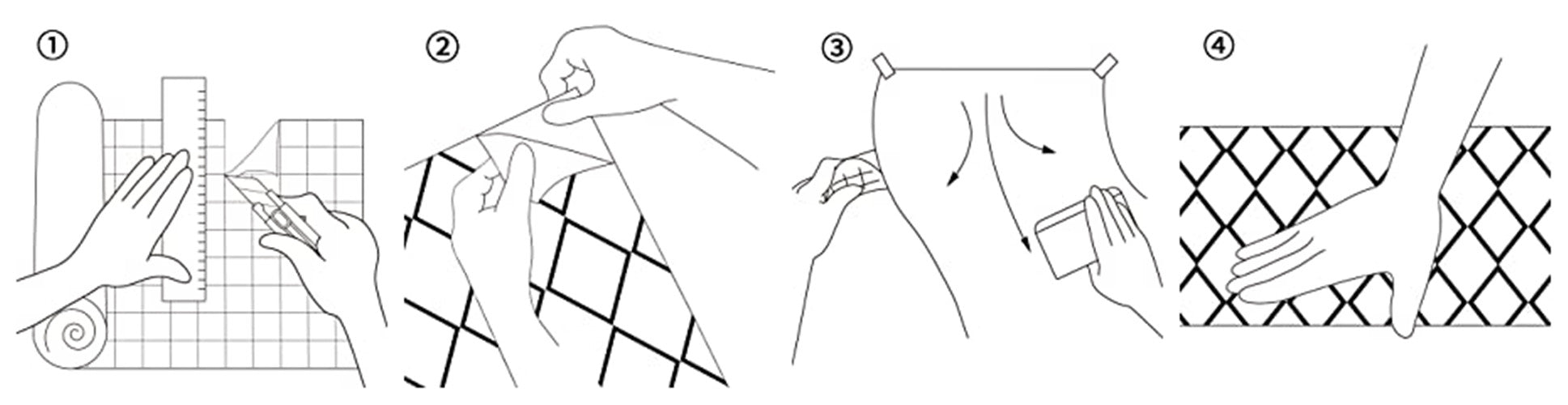 A four-step black and white line drawing showing how to apply a diamond-pattern adhesive patch or stencil, including hands, a grid template, and a body area for application.