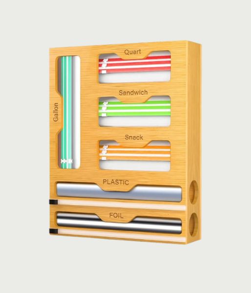 Wooden Foil & Baking Paper Dispenser with Cutter + Ziplock Bag Organizer