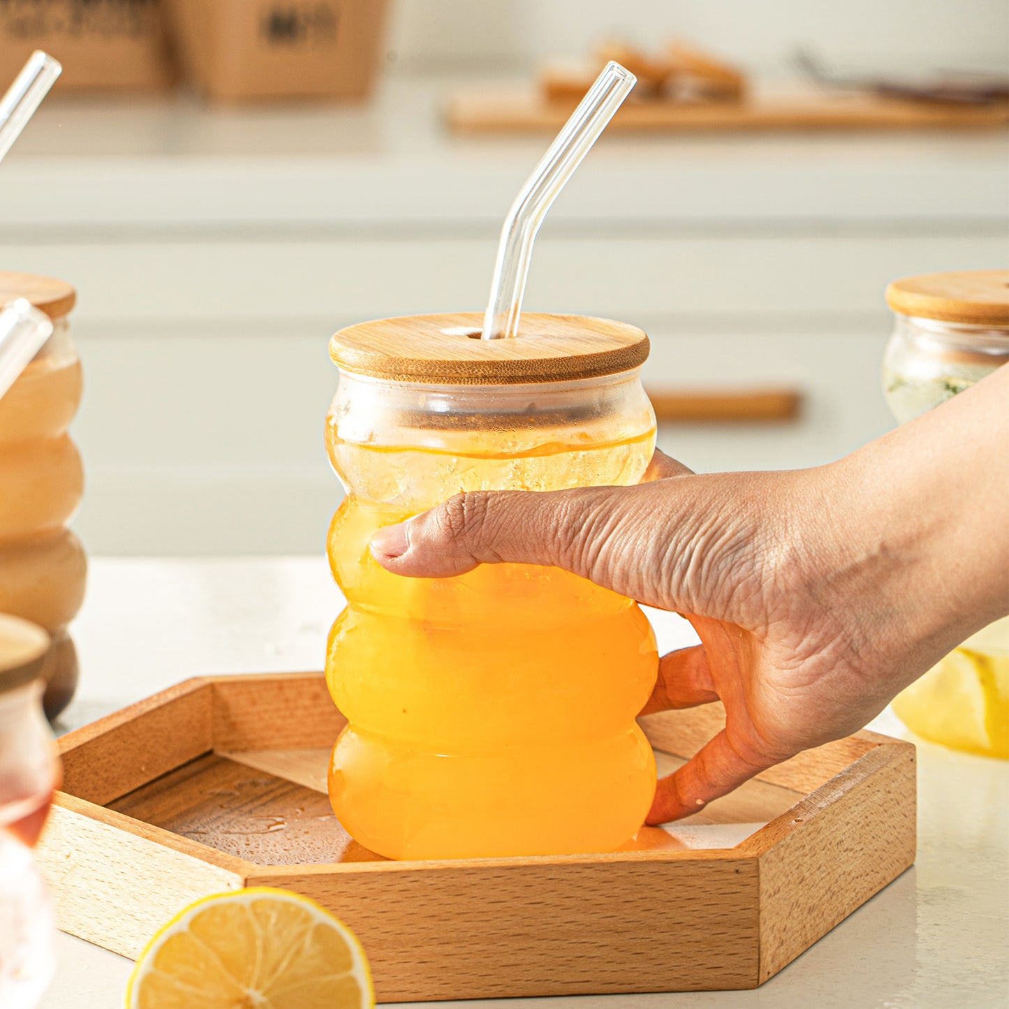 Wavey Glass Cup with Wooden Lid and Straw