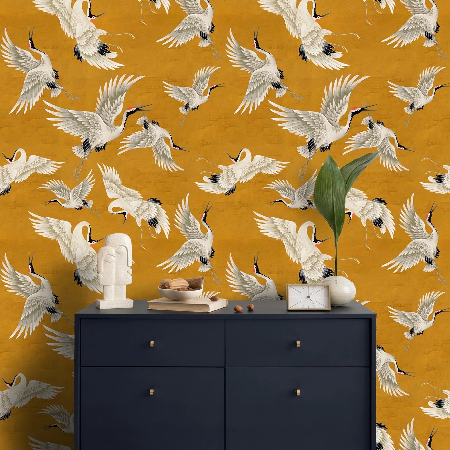 Orange Crane Bird Chinoiserie Peel and Stick Wallpaper