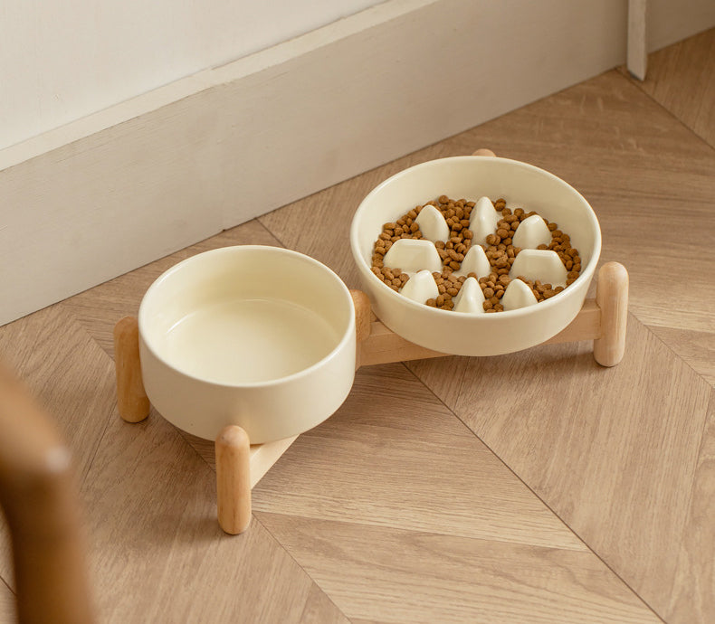 Ceramic Slow Feeder & Water Bowls with Wooden Stand