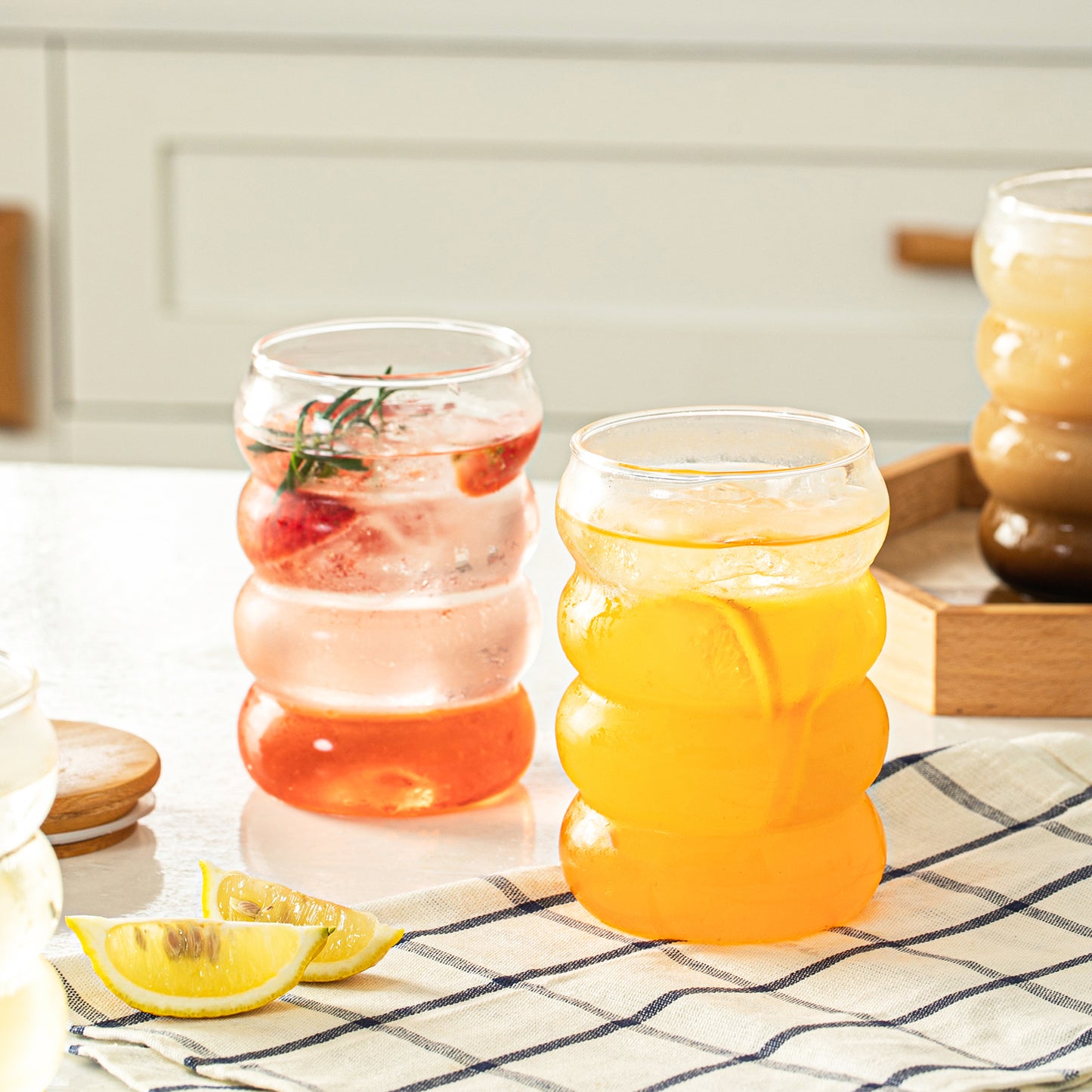 Wavey Glass Cup with Wooden Lid and Straw