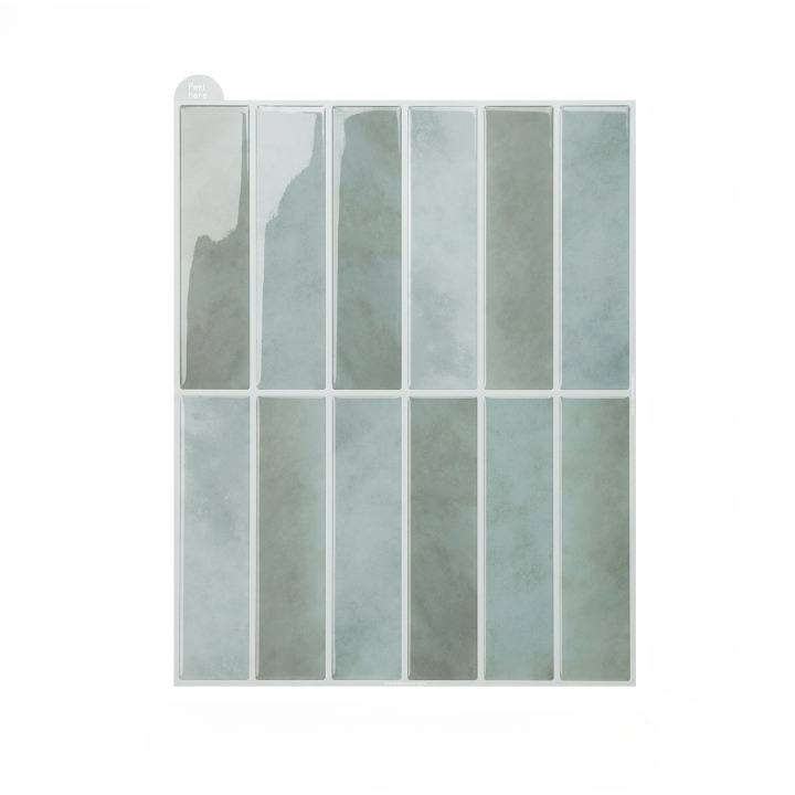 A rectangular tile sample board showing multiple vertical rectangular tiles in a soft sage green and gray marbled pattern, isolated on a white background.