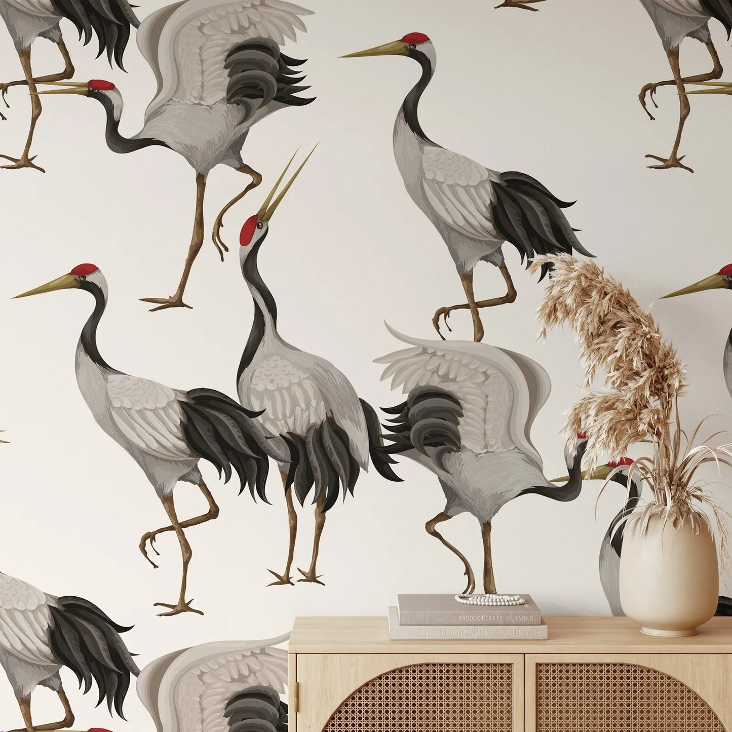 White Herons Bird Chinoiserie Peel and Stick Wallpaper