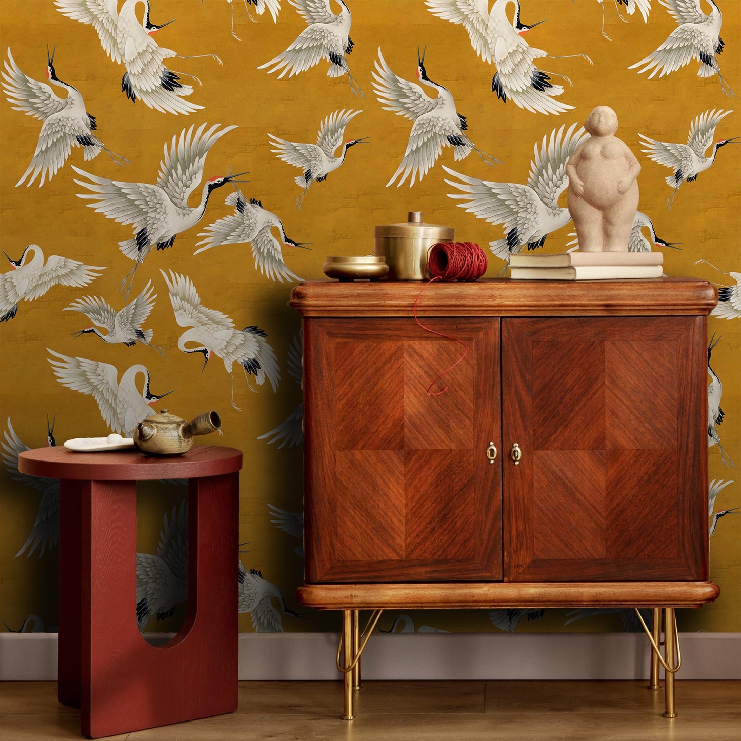 Orange Crane Bird Chinoiserie Peel and Stick Wallpaper