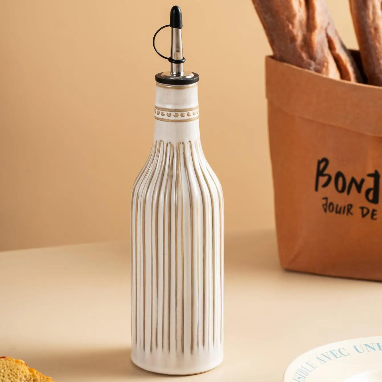Beige Stripes Ceramic Oil Bottle