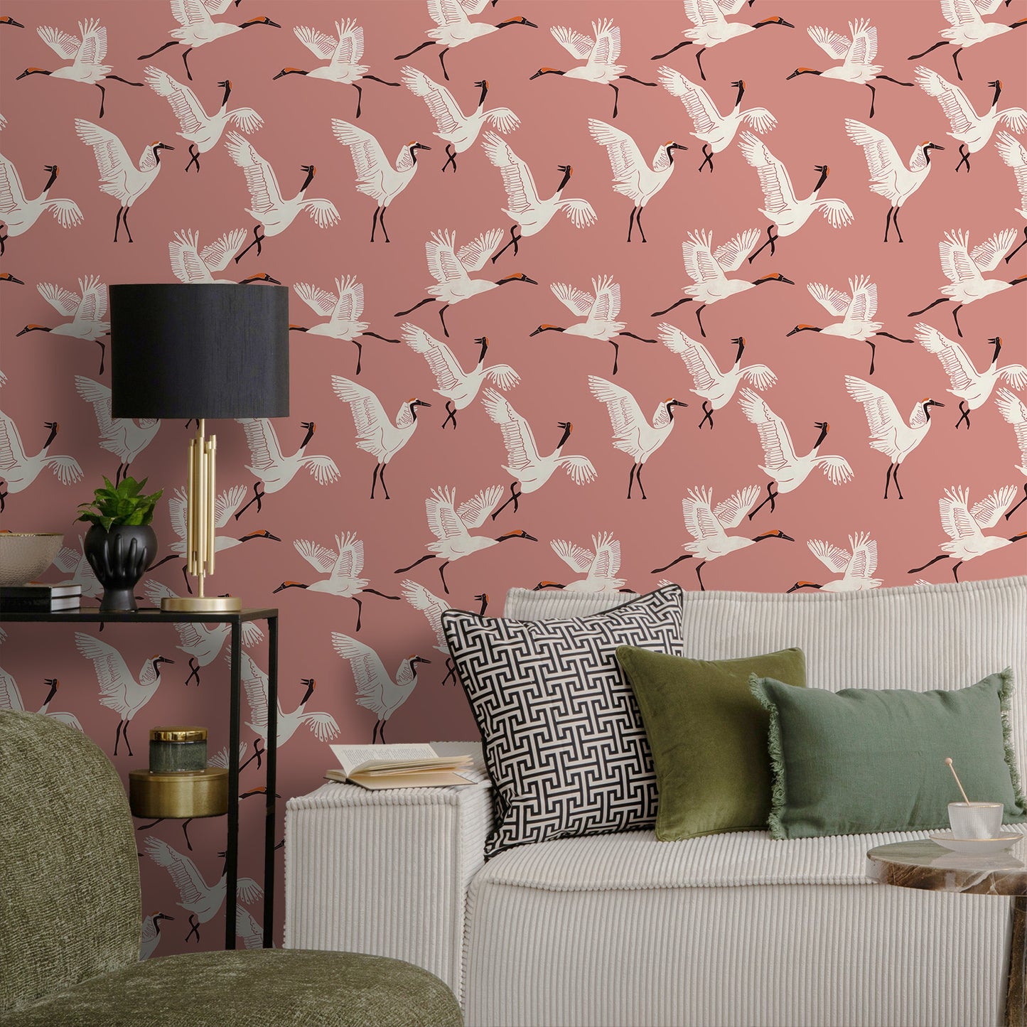 Pink Crane Bird Chinoiserie Peel and Stick Wallpaper