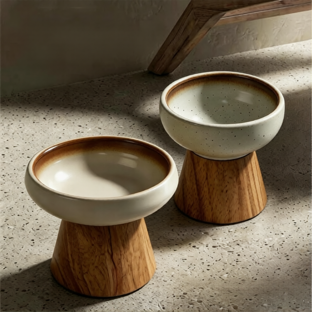 Elevated Ceramic Bowl with Wood Stand