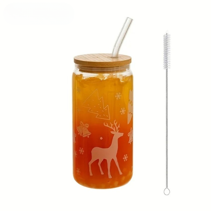 Christmas Glass Cup with Wooden Lid and Straw