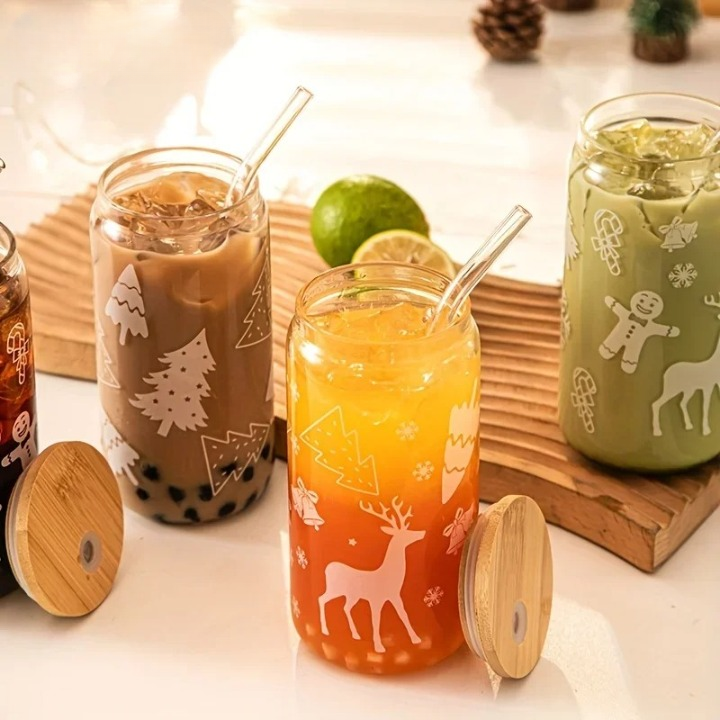 Christmas Glass Cup with Wooden Lid and Straw
