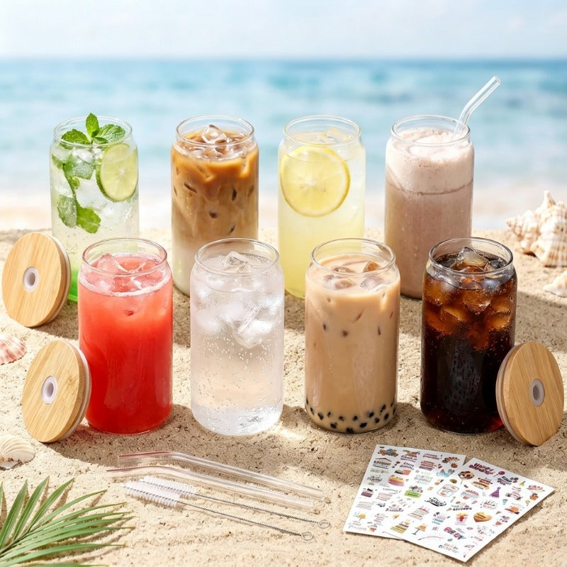 Glass Cup with Wooden Lid and Straw