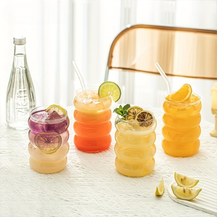 Wavey Glass Cup with Glass Straw