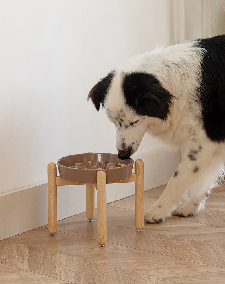 Ceramic Slow Feeder & Water Bowls with Wooden Stand