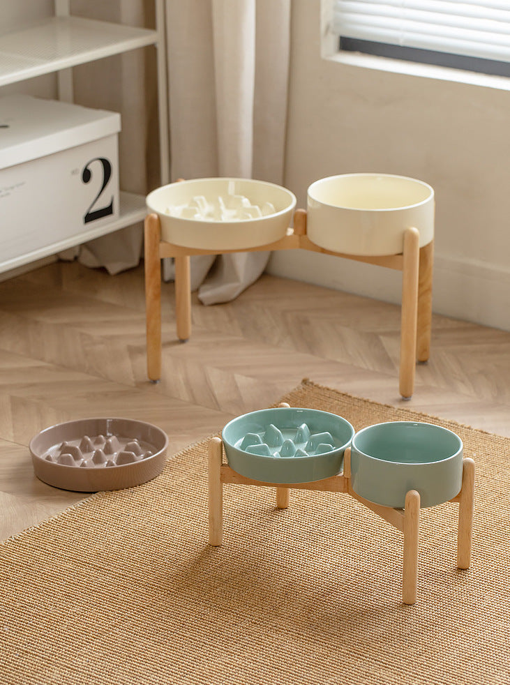 Ceramic Slow Feeder & Water Bowls with Wooden Stand