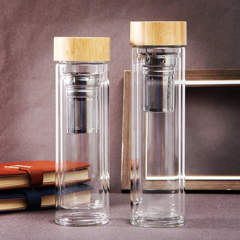 Glass Tea Bottle with Wooden Lid and Metal Filter