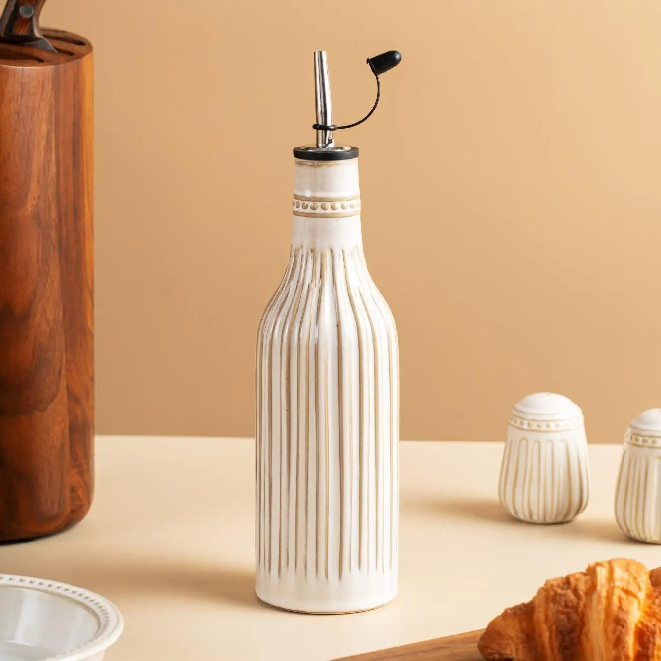Beige Stripes Ceramic Oil Bottle