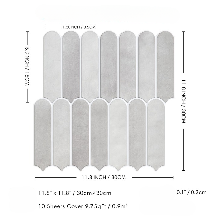 A dimension diagram of a sheet of gray decorative tile strips, showing measurements in inches and centimeters, with text noting that 10 sheets cover 9.7 square feet.