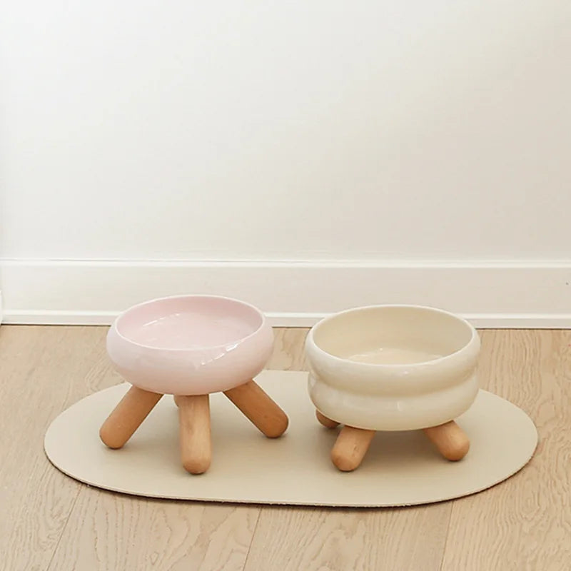 Artistic Form Ceramic Bowls with Wooden Stands