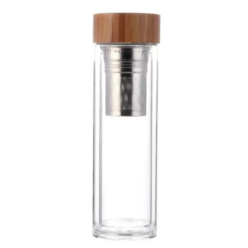 Glass Tea Bottle with Wooden Lid and Metal Filter