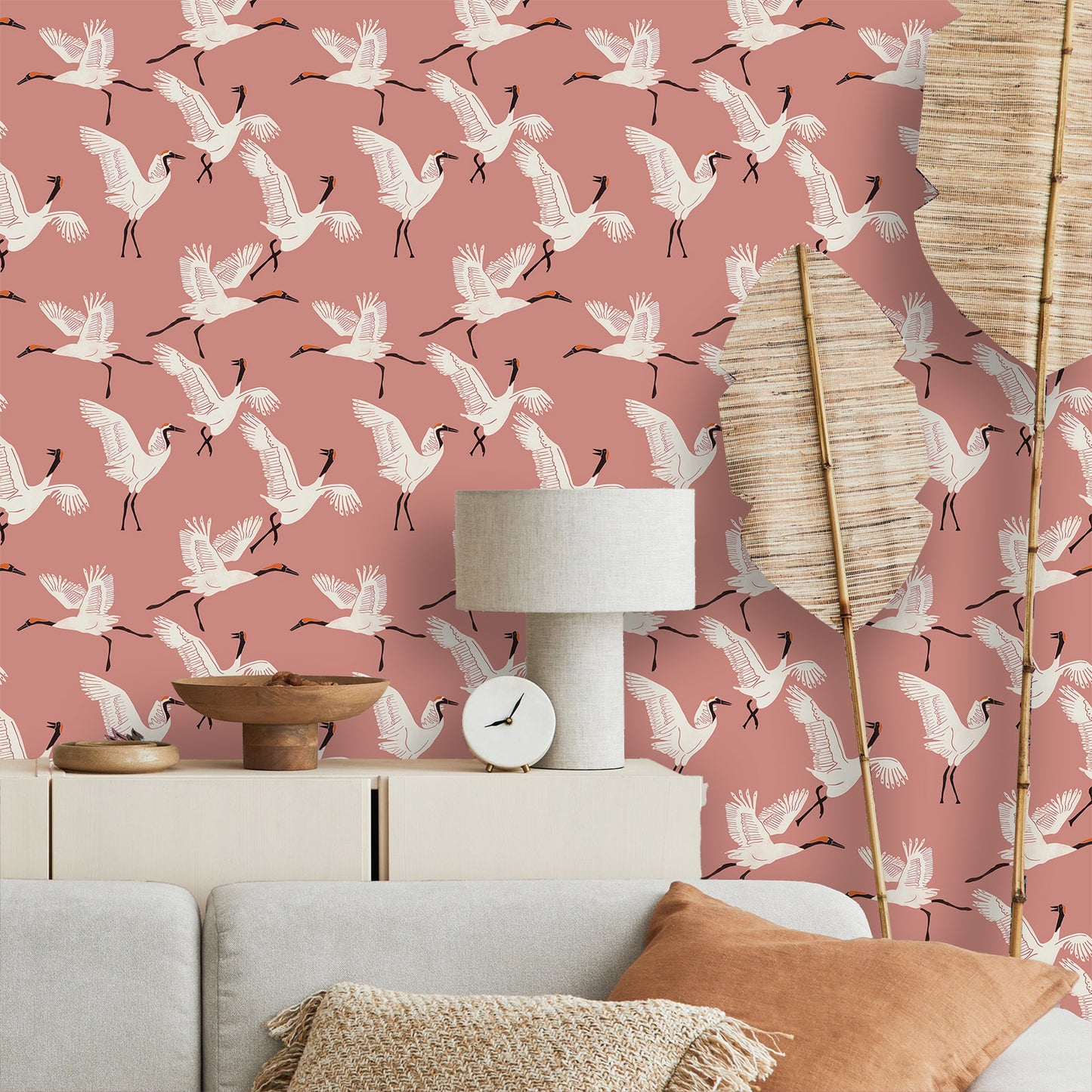 Pink Crane Bird Chinoiserie Peel and Stick Wallpaper
