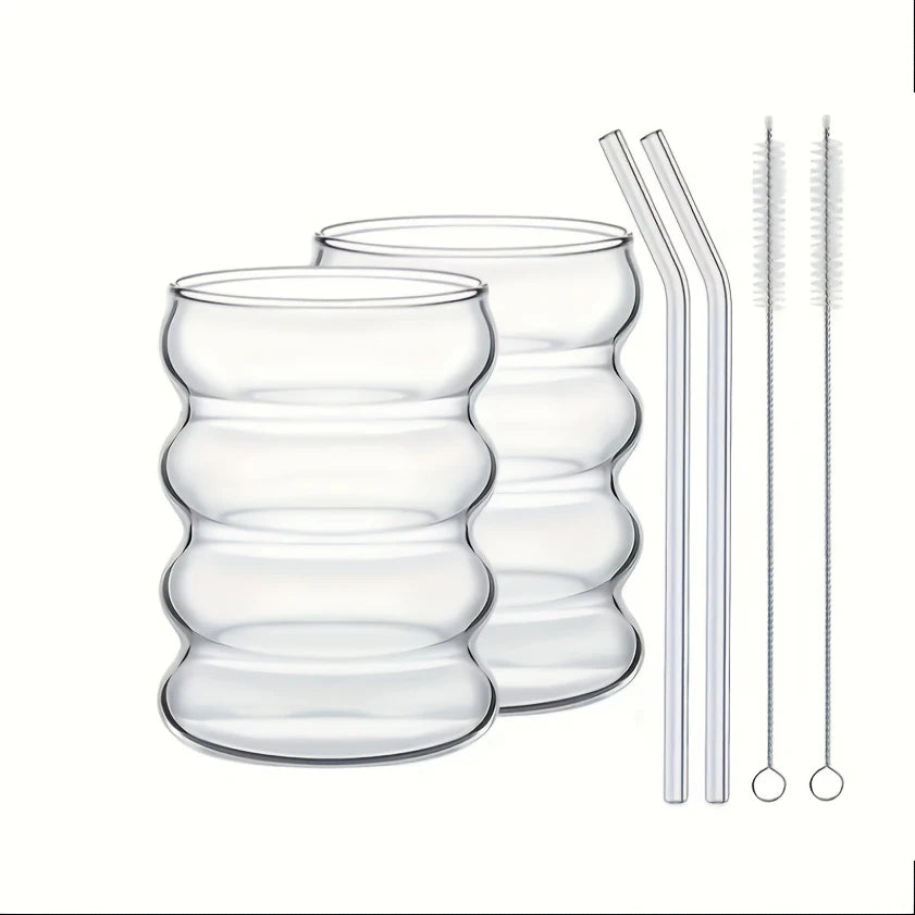 Wavey Glass Cup with Glass Straw