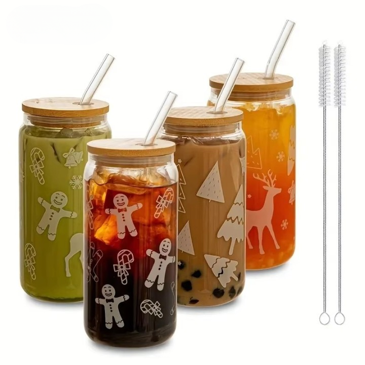 Christmas Glass Cup with Wooden Lid and Straw