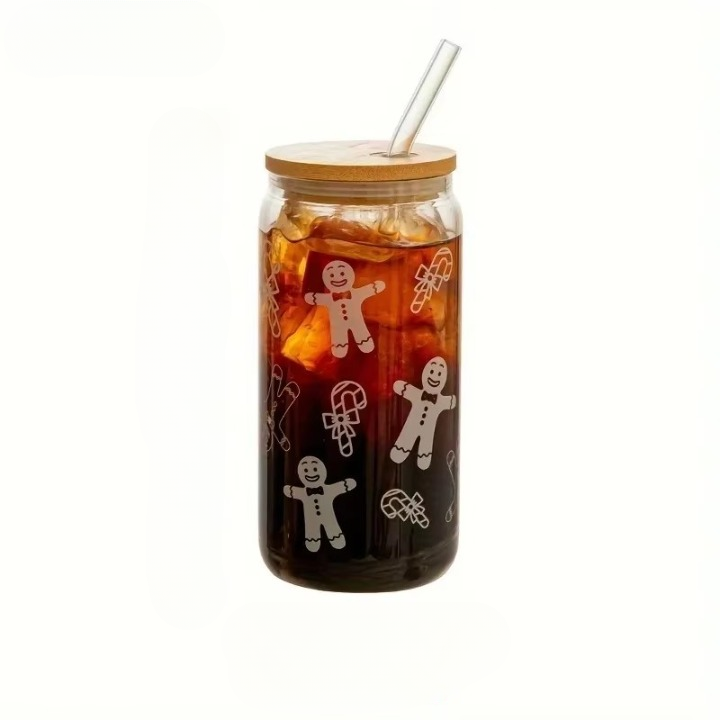Christmas Glass Cup with Wooden Lid and Straw