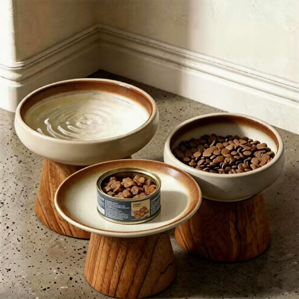 Elevated Ceramic Bowl with Wood Stand