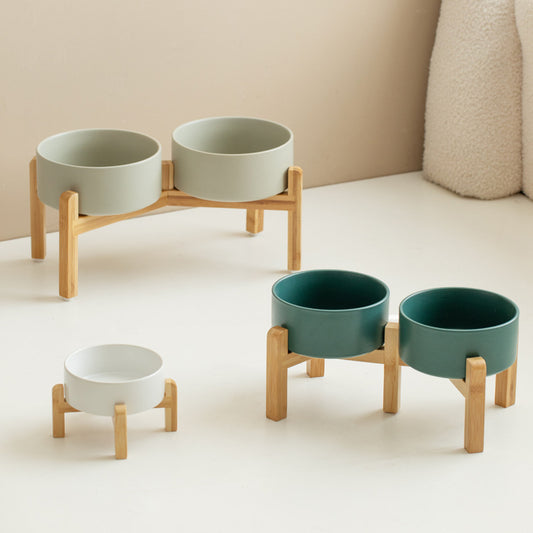Classic Ceramic Bowls with Wooden Stands