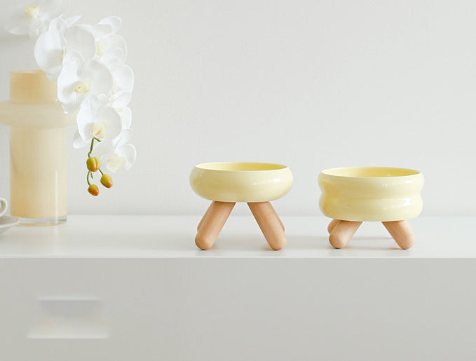 Artistic Form Ceramic Bowls with Wooden Stands