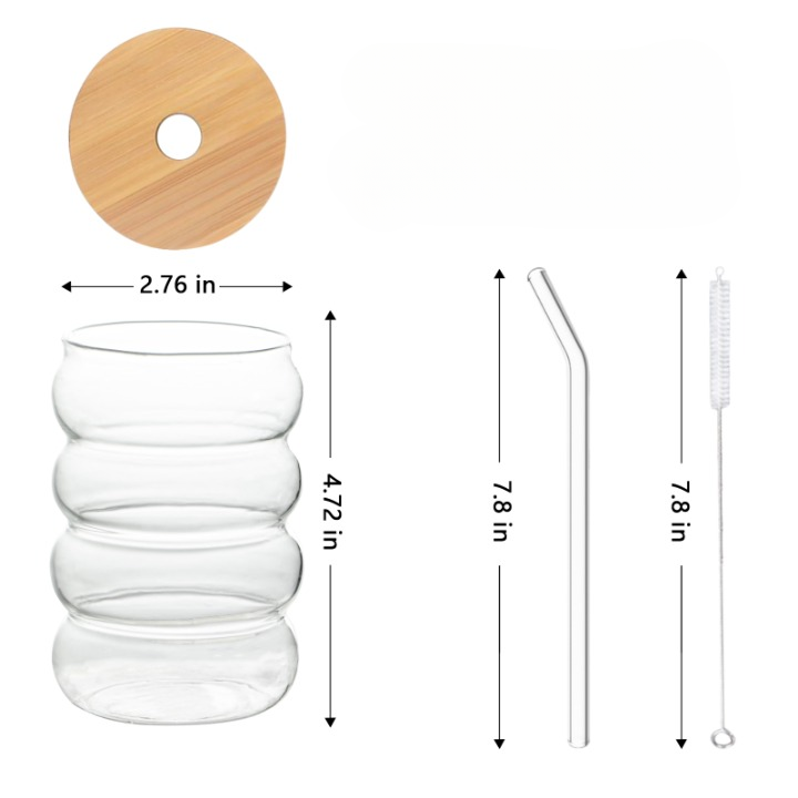 Wavey Glass Cup with Wooden Lid and Straw