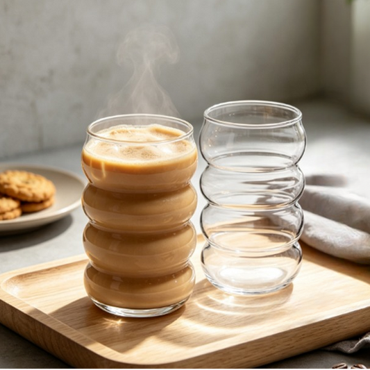 Wavey Glass Cup with Glass Straw
