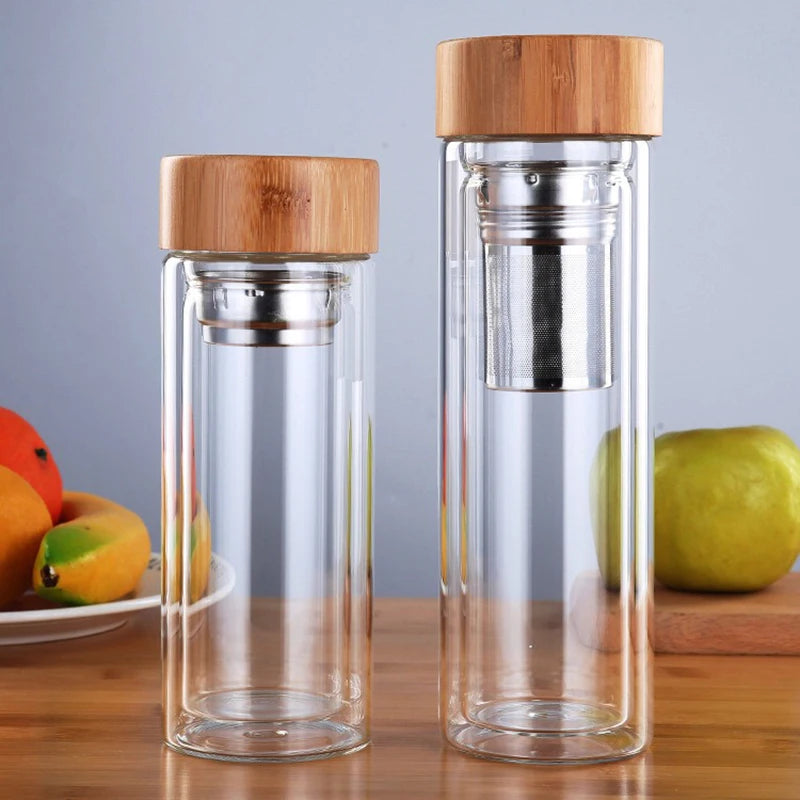 Glass Tea Bottle with Wooden Lid and Metal Filter