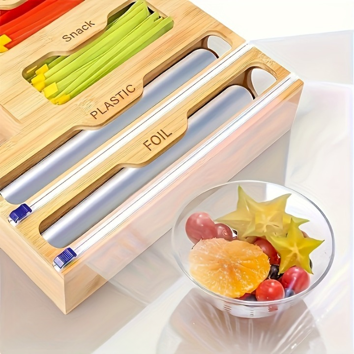 Wooden Foil & Baking Paper Dispenser with Cutter + Ziplock Bag Organizer
