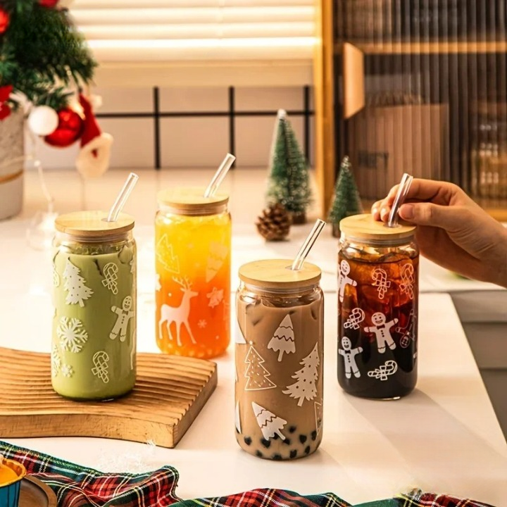 Christmas Glass Cup with Wooden Lid and Straw